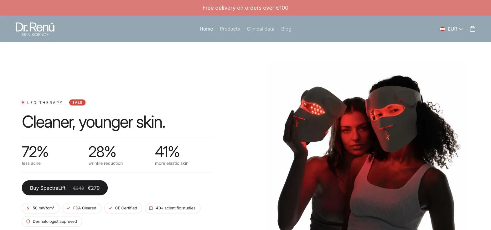 Dr. Renú homepage with the SpectraLift LED mask hero