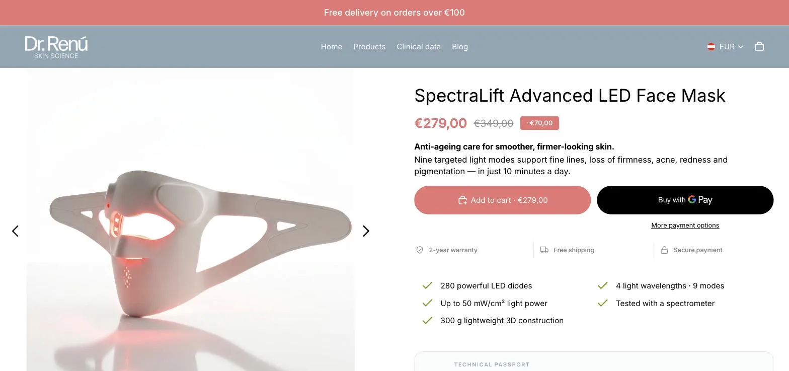 SpectraLift LED face mask product page